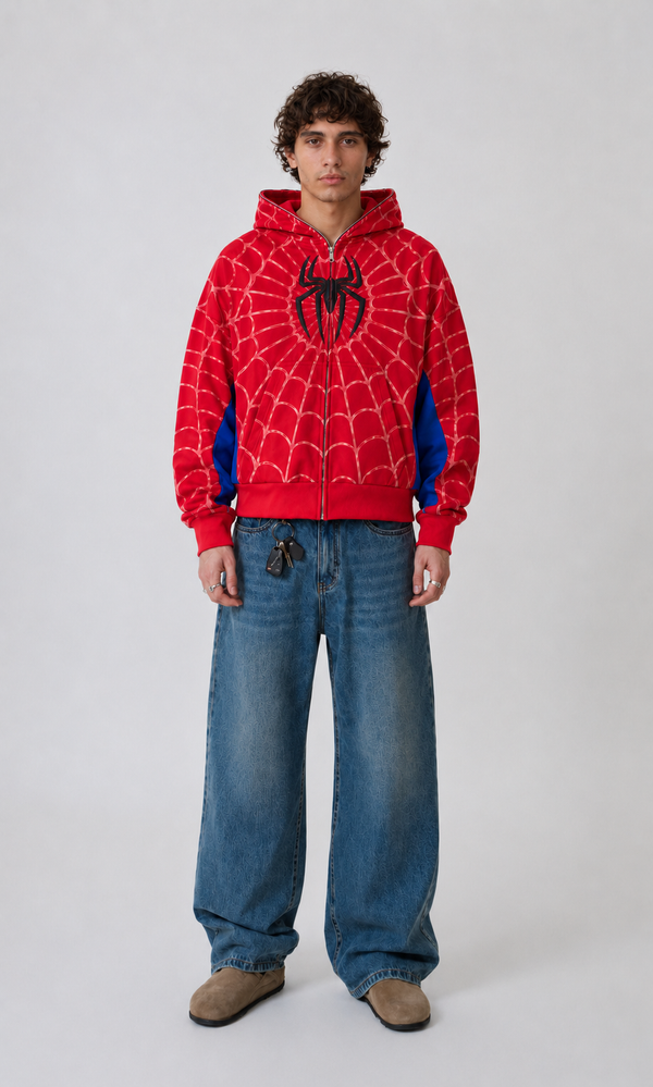 Nostalgic Misfits OG Zip red spidey hoodie full zip worn by male model paired with baggy denim jeans y2k streetwear style front view