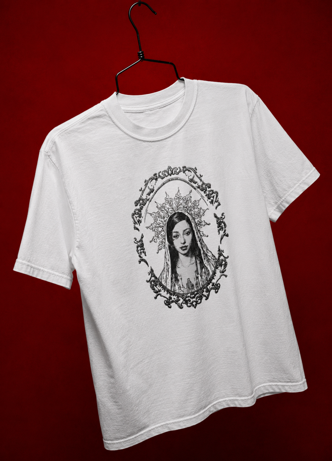 White oversized Saint Maddy tee with baroque portrait print on the front — EUPHORIC drop 003 by Nostalgic Misfits