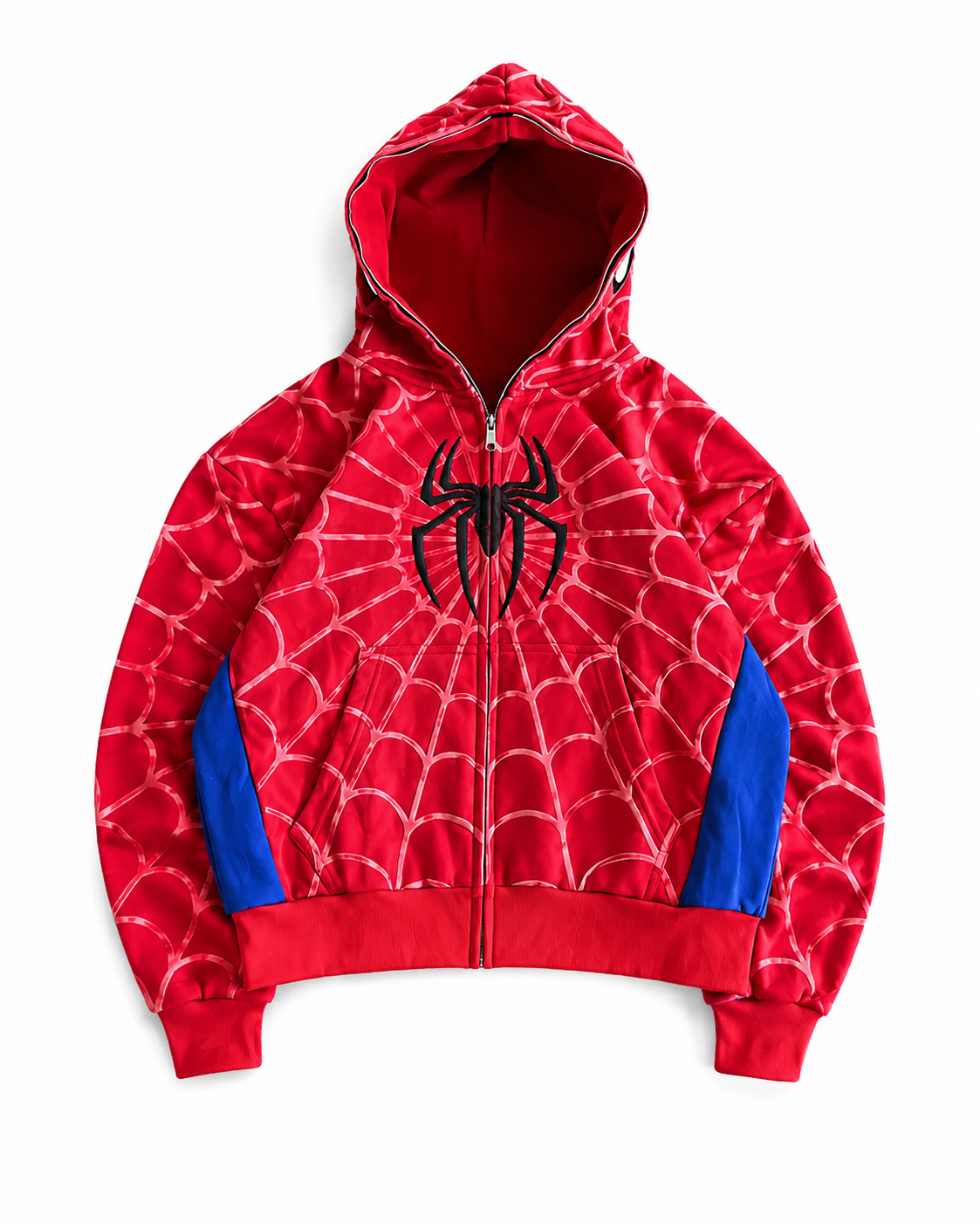 Nostalgic Misfits OG Zip red spidey full zip hoodie flat lay embossed web pattern blue side panels black spider logo on chest