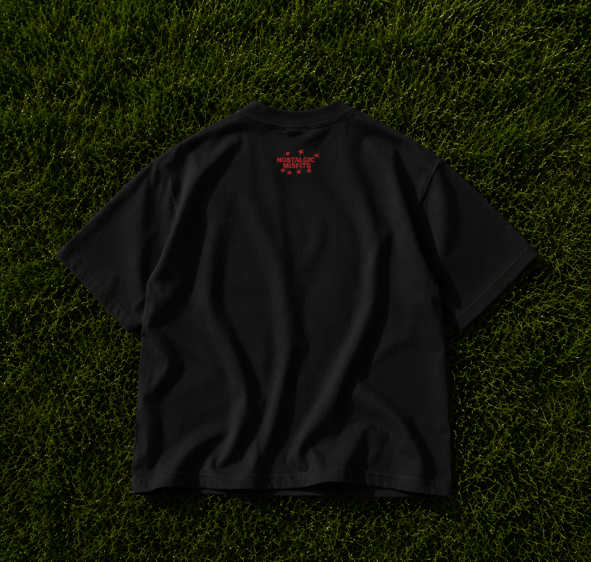 Back of RUE black tee - Nostalgic Misfits red star logo detail on black cotton