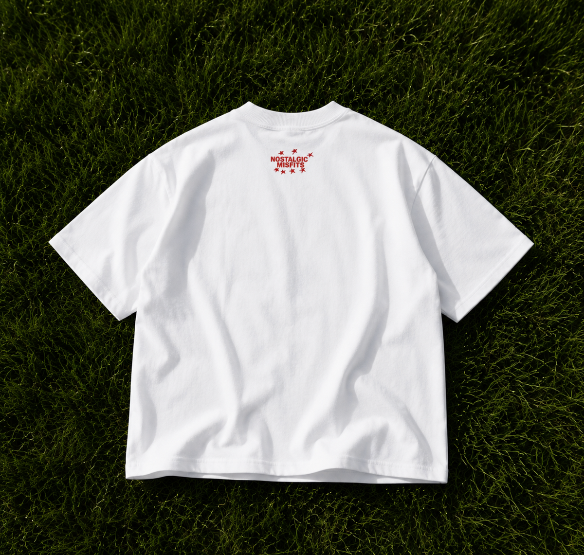 Back of RUE white tee - Nostalgic Misfits red star logo between shoulder blades