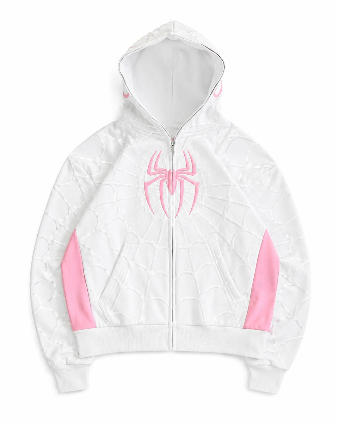 Nostalgic Misfits Ghost Zip white pink spidey full zip hoodie flat lay embossed web pattern pink side panels pink spider logo on chest spidey eyes on hood