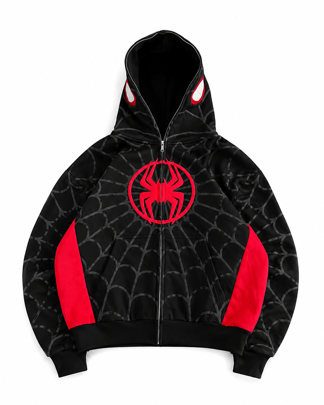 Nostalgic Misfits Miles Zip black red spidey full zip hoodie flat lay black on black embossed web pattern red side panels red spider logo in circle on chest glowing eyes on hood