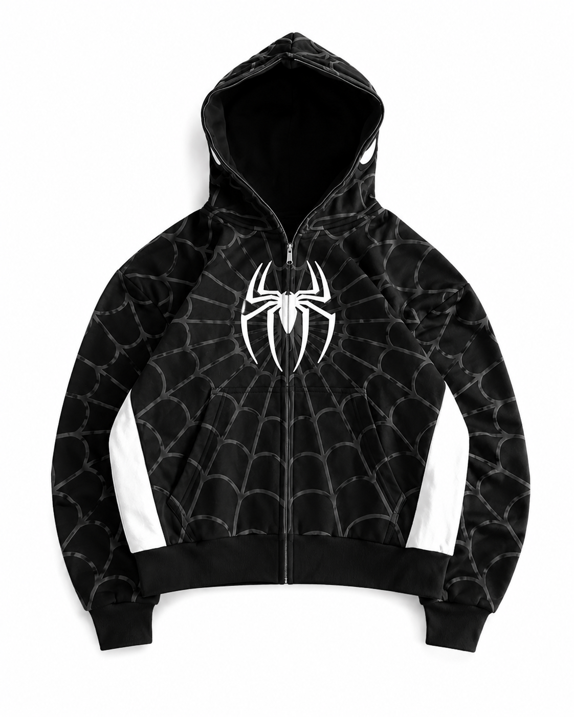 Nostalgic Misfits Noir Zip black white spidey full zip hoodie flat lay black on black embossed web pattern white side panels white spider logo on chest spidey eyes on hood